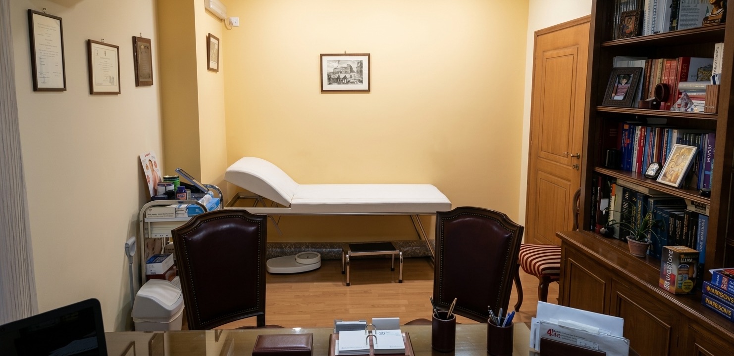 Examination room with a medical couch and consultation desk