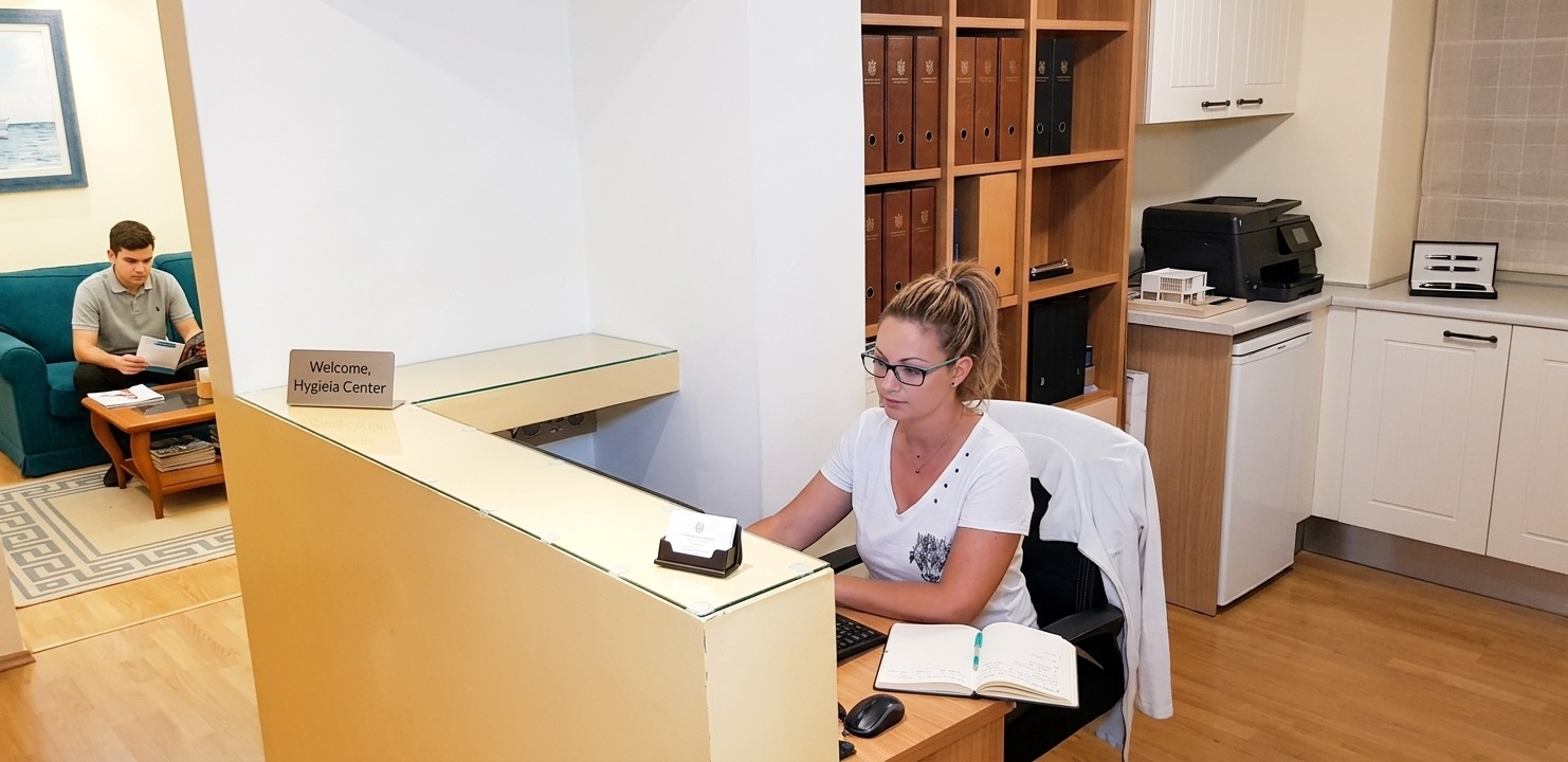 Reception desk welcoming patients to the practice