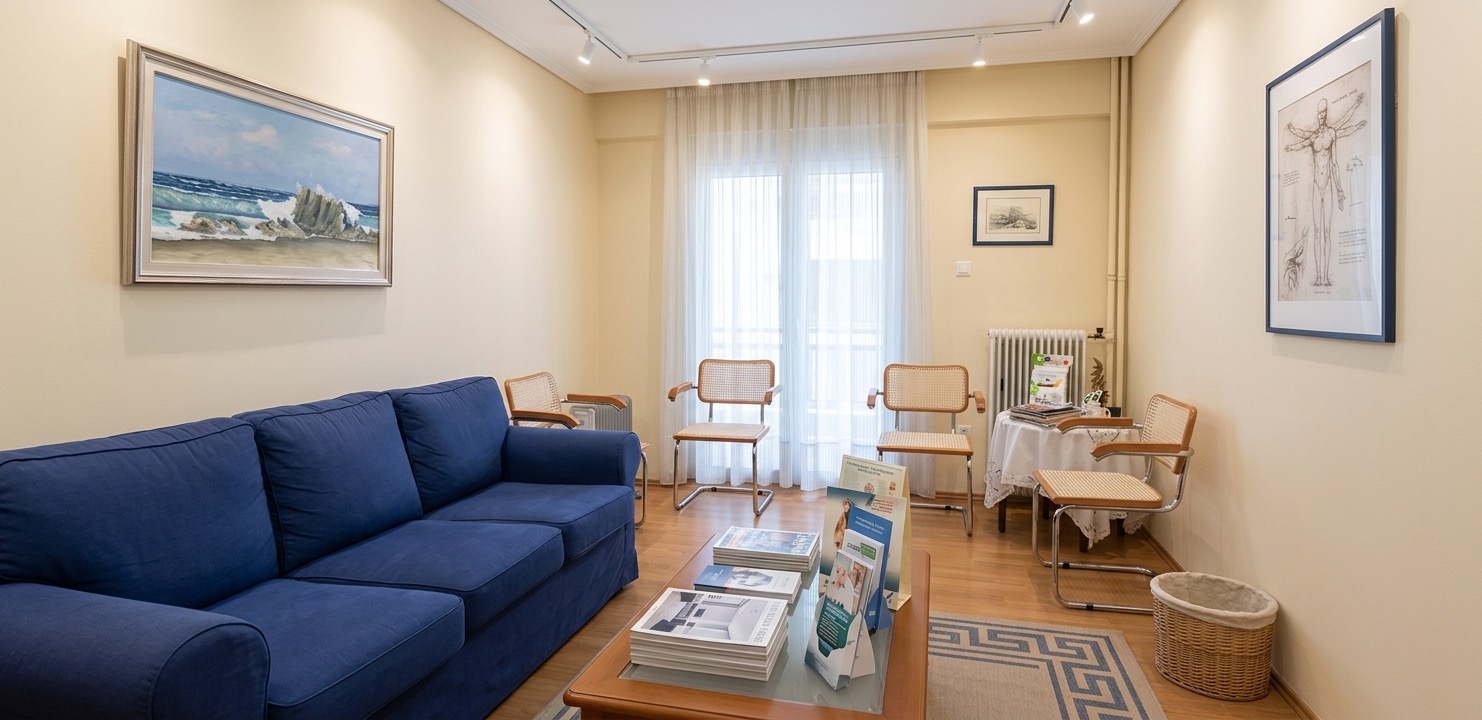 Waiting room with a blue sofa, natural light and framed artwork